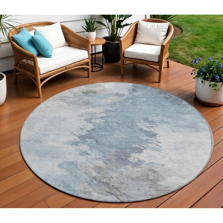 Homeroots 8' Sky Blue Gray And Ivory Round Abstract Washable Indoor Outdoor Area Rug 617421