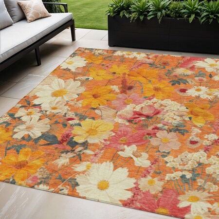 Homeroots 5' X 8' Orange Peach And Salmon Floral Washable Indoor Outdoor Area Rug 611205