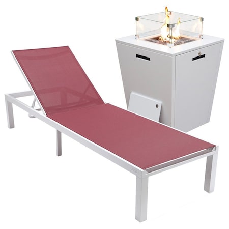Leisuremod Marlin White Aluminum Patio Chaise Lounge Chair with Square Fire Pit Table, Burgundy MLWCF21-77BRG