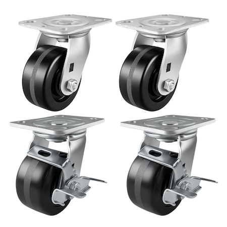 Hyw Products Heavy Duty Caster Set 4in Phenolic Wheels, 2 Swivel & 2 Swivel with Brake, 4PK 40-40S-A1-PH-2,40-40S-A1-PH-TB-2