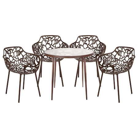 Leisuremod Devon 5-Piece Aluminum Patio Dining Set, Tempered Glass Top Table & 4 Stackable Arm Chairs, Brown DT31CABR4
