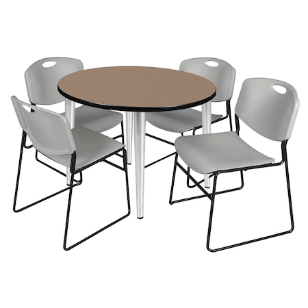 Regency Round Kahlo Breakroom Table W/ 4 Zeng Stack Chairs, 36 in W, 36 in L, Noble Oak TPL36RNDNOCM44GY