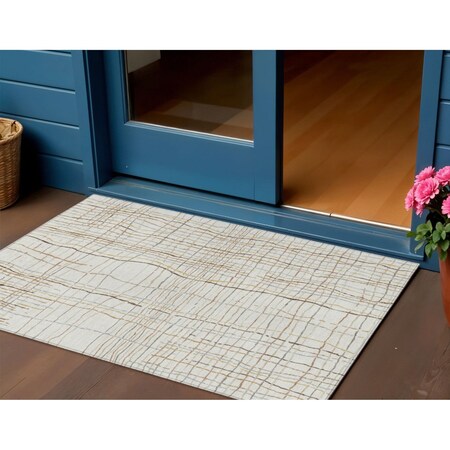 Homeroots 3' X 5' Ivory Brown And Gold Striped Washable Indoor Outdoor Area Rug 597397