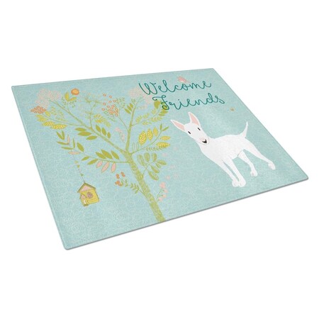 Carolines Treasures Welcome Friends White Bull Terrier Glass Cutting Board, Large BB7606LCB