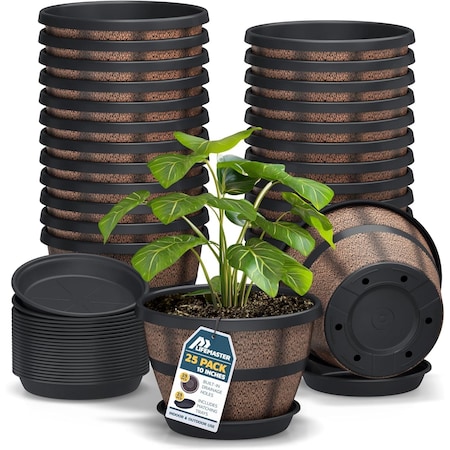 Lifemaster 10-Inch Whiskey Barrel Planters 25 Pack, Rustic Plastic Pots with Drainage and Saucers, 25PK LMPBP25BW