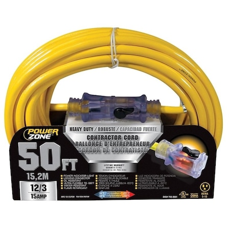 Powerzone Extension Cord, 12 AWG, Indoor/Outdoor, Yellow, 50 ft ORP511830