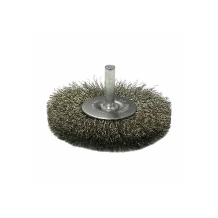 Weiler Stem-Mounted Crimped Wire Wheel, 1-1/2 in dia, 1/4 in W, 0.0118 in Bristle dia, Steel, 20000 RPM 804-17903