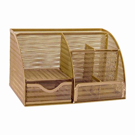 Martha Stewart Ryder Gold Mesh Metal Small Desktop Organizer for Office Accessories, Notebooks, Pen Holder & Drawer HH-OHD05-GLD-MS