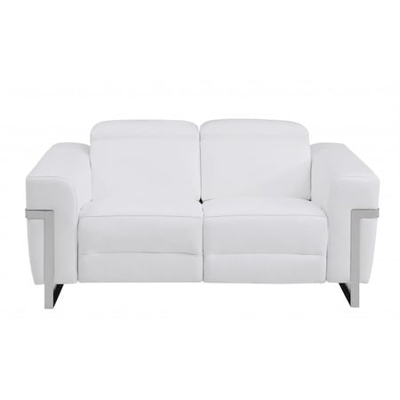 Homeroots 65in White And Silver Italian Leather Power Reclining Loveseat 482201