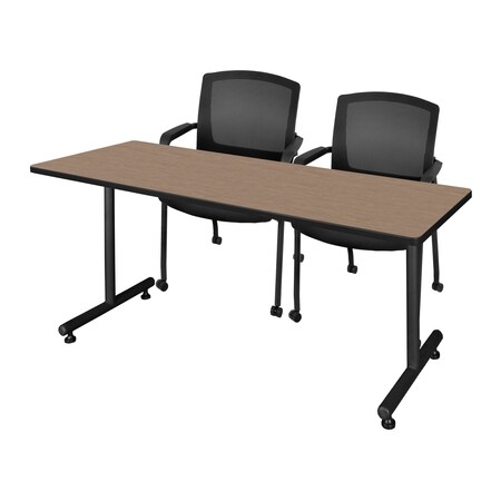 Regency Kobe T-Base Training Seminar Table W/ 2 Knight Mesh Chairs, 72 in W, 24 in L, Noble Oak MKTRCT7224NO56CBK