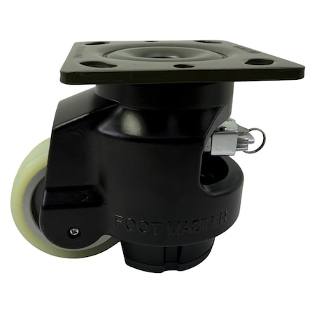 Foot Master Leveling Caster, Rachet, 75mm MC Nylon Wheel, M16x2.0P Stem, Swivel, 750kg Cap, NBR Foot Pad, Black GDR-100-S-HUP-FBL