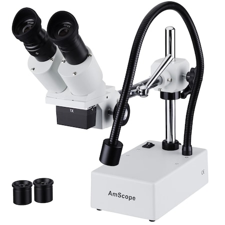 Amscope SE410 Compact Fixed-Lens Binocular Stereo Microscope 5X-10X on Boom-Arm Stand w/Gooseneck LED Light SE410-X