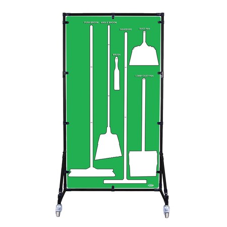 5S Supplies Housekeeping Shadow Board Broom Station V3, Green / White Shadows, Kit + Stand, No Text HSB-V3-GREEN/WHITE-KIT-STAND-NO TEXT