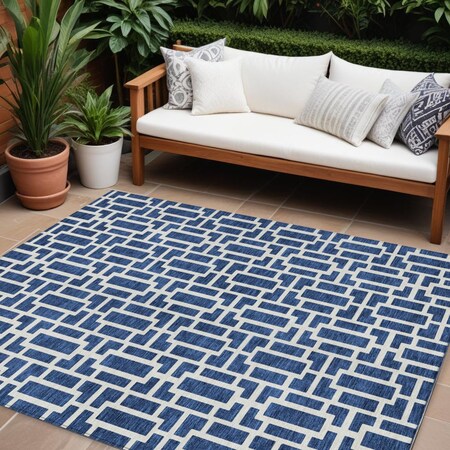 Homeroots 10' X 14' Navy Blue And Ivory Geometric Washable Indoor Outdoor Area Rug 594862