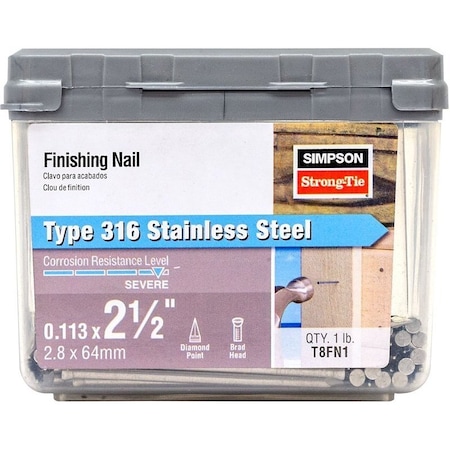 Simpson Strong-Tie Finishing Nail, 8D, 2-1/2 in L, 12 ga Gauge, Stainless Steel, Brad Head, Smooth Shank T8FN1
