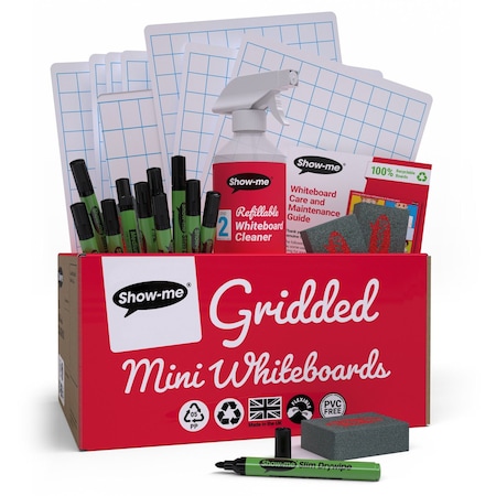 Show-Me Classpack of 35 x Gridded/Plain 8" x 12" Lapboards, with Pens, Erasers, Cleaner, 35PK C/SQBX