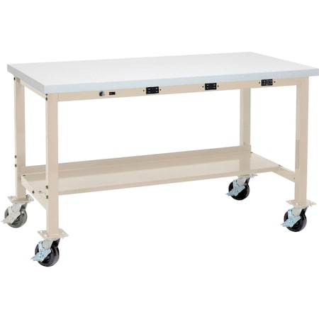 Global Industrial 60 x 30 Mobile Production Workbench - Power Apron - ESD Square Edge - Tan 253978HBTN