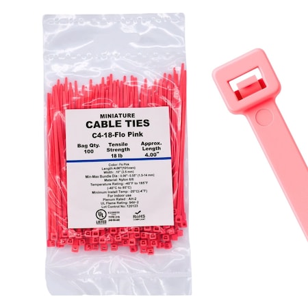 Cable Ties Unlimited Cable Tie, 4 in L, 18 lb Strength, 1 in Max Bundle Dia, Nylon 6/6, Fluorescent Pink 100PK C4-18-Flo Pink