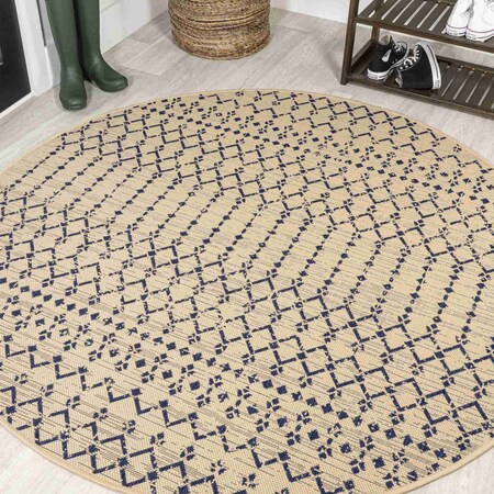 Jonathan Y Ourika Moroccan Geometric Textured Weave Beige/Navy 9 ft Round Indoor/Outdoor Area Rug SMB108H-9R