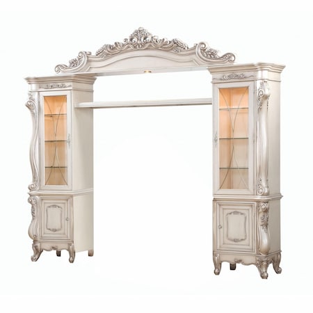 Homeroots 101in Antiqued White, Clear Distressed Solid Wood, Wood Textured Door Entertainment Center 348661