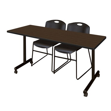 Regency Kobe Mobile T-Base Training Table W/ 2 Zeng Stack Chairs, 72 in W, 24 in L, Neo Walnut MKTRCC7224NW44BK