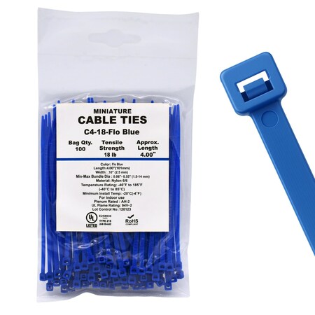 Cable Ties Unlimited Cable Tie, 4 in L, 18 lb Strength, 1 in Max Bundle Dia, Nylon 6/6, Fluorescent Blue 100PK   C4-18-Flo Blue