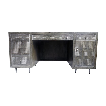 Homeroots 64" Brown and Silver Solid Wood Executive Desk With Five Drawers 489189