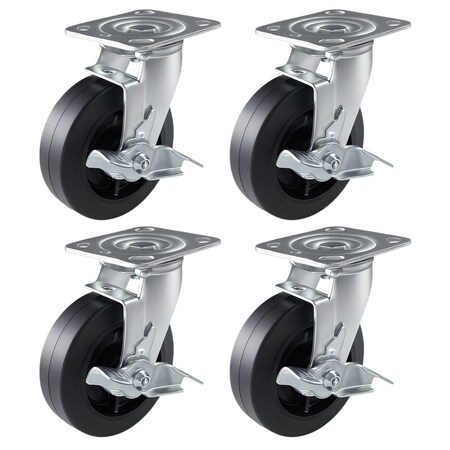 Hyw Products Heavy Duty Caster Set 6in Rubber on Cast Iron Wheels, 4 Swivel with Brake, 4PK 40-60S-A1-RC-TB-4