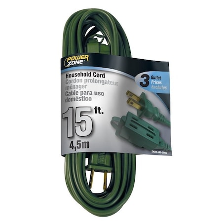 Powerzone SPT-2 Extension Cord, 16 AWG, Indoor, 16/2, 3 Outlets, Green, 15 ft OR780615