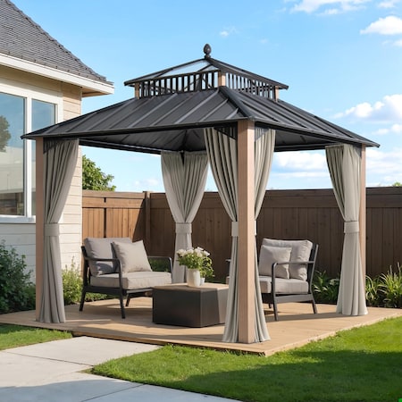 Sunjoy Kingston 10x10  Gazebo, Steel & PC Roof Hardtop Gazebo, Curtain, Netting, Woodgrain Aluminum Posts A10204382000