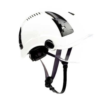 Malta Dynamics SafetyHelmet w/Clear Visor, Polyethylene, Ratchet, White, Fits Hat Size One Size Fits Most HTW1101