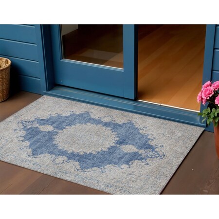 Homeroots 3' X 5' Navy Blue And Ivory Oriental Washable Indoor Outdoor Area Rug 597740