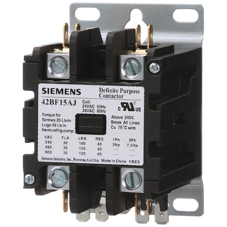 Siemens US2:42BF15AF Definite Purpose Contactor, 30A, 2-Pole, Open, 110-120 VAC Coil 42BF15AF