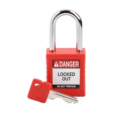 Brady Padlock, Keyed Different, Nylon, Red, 1 1/2 in Shackle Height, 1 1/2 in Body Width, 1 No. of Keys SDPL-RED-38ST-KD