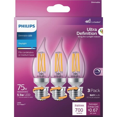 Signify Ultra Definition 75W Equivalent Daylight BA11 Adjstbl Base, E12 & E26 LED Decorative Light Bulb, 3PK 564500