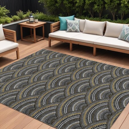 Homeroots 9' X 12' Black Ivory And Gold Geometric Washable Indoor Outdoor Area Rug 615186