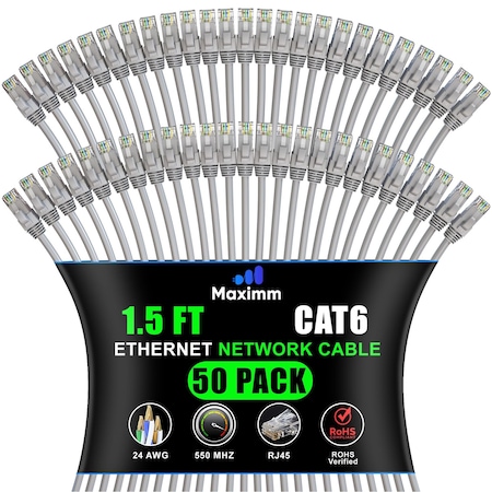 Maximm Cat6 Ethernet Cable 1.5ft 10Gbps 550MHz UTP, 50PK, Gray, 50PK CAT6CCA-1.5GR-50PK