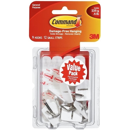 Command Wire Hook, 5/8 in Opening, 0.5 lb, 9 -Hook, Plastic, White, 9PK 17067-VP