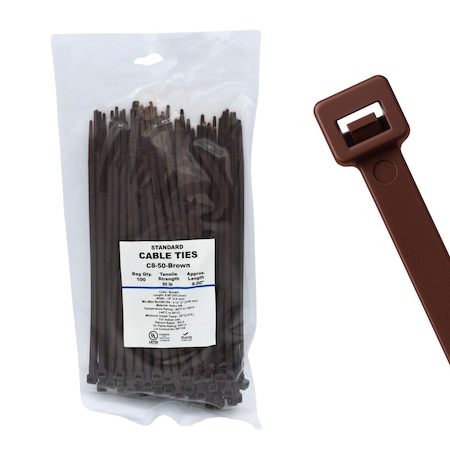 Cable Ties Unlimited Cable Tie, 8 in L, 50 lb Strength, 2.2 in Max Bundle Dia, Nylon 6/6, Brown 100PK C8-50-Brown