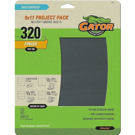 Gator Sanding Sheet, 9 in L, 11 in W, 320 Grit, Very Fine, Silicone Carbide Abrasive 4473