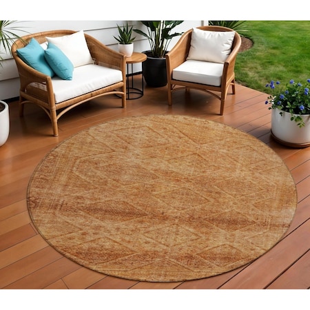 Homeroots 8' Copper And Ivory Round Geometric Washable Indoor Outdoor Area Rug 630497