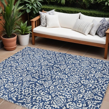 Homeroots 8' X 10' Navy Blue And Ivory Damask Washable Indoor Outdoor Area Rug 595172