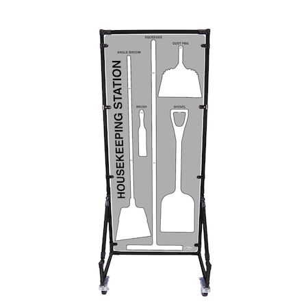 5S Supplies Housekeeping Shadow Board Broom Station V5, Gray / White Shadows, Kit + Stand HSB-V5-GRAY/WHITE-KIT-STAND
