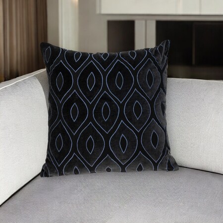 Homeroots 22" Black and Blue Ogee Cotton Throw Pillow with Embroidery and Applique 529267