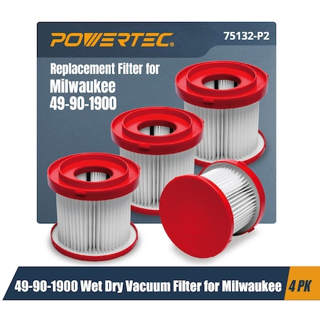 Powertec 49-90-1900 Cartridge Filter for Milwaukee M18 0880-20, 0970-20&M12 0960-20 Wet/Dry Vacuum, HEPA, 4PK 75132-P2
