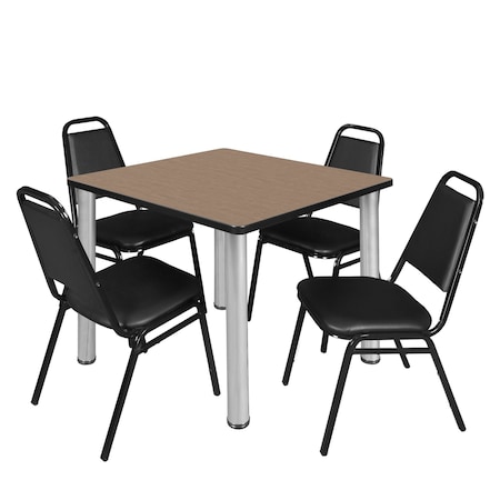 Regency Square Kee Breakroom Table W/ 4 Restaurant Stack Chairs, 36 in W, 36 in L, Noble Oak TB3636NOBPCM29BK