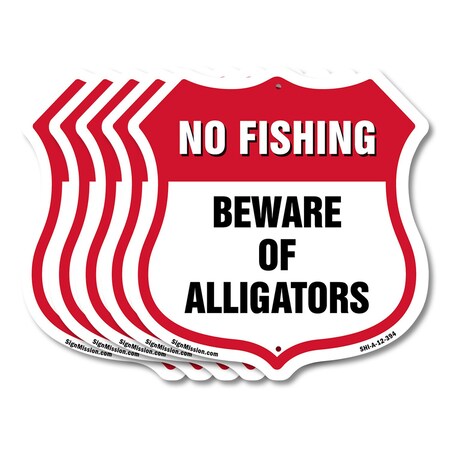 Signmission No Fishing Shield Sign Beware Of Alligat, 12 inch X 12 inch, Aluminum Metal Sign, 5PK SHI-A-5Pack-12-394