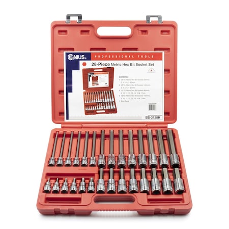 Genius Tools 28PC 3/8 & 1/2in Dr. Metric Long Hex Bit Socket Set BS-3428H