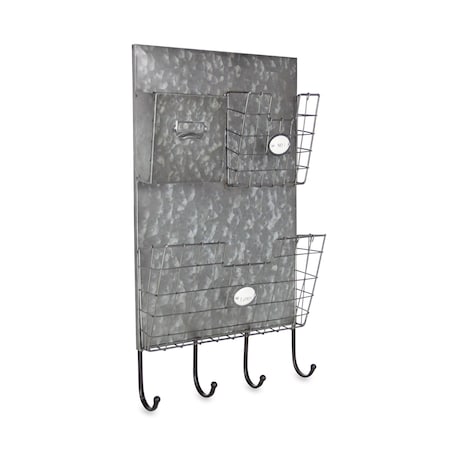 Homeroots Gray Metal Organizer With 3 Storage Pockets And 4 Bottom Hooks 379872