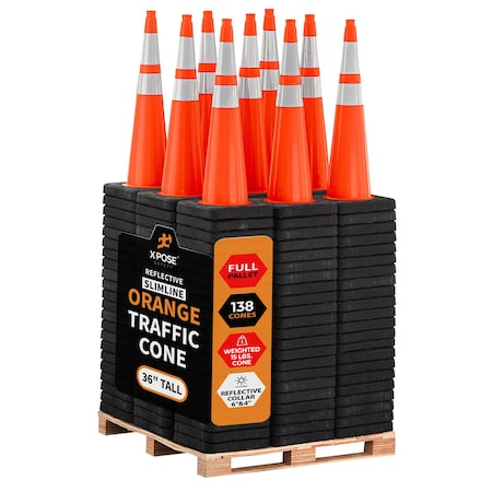 Xpose Safety 36 in Orange Traffic Cone, PVC, 15 lb Base w/ 6 in & 4 in Collar, DOT Approved, 138 PK, Full Pallet OTC36-64-15L-FP138-X